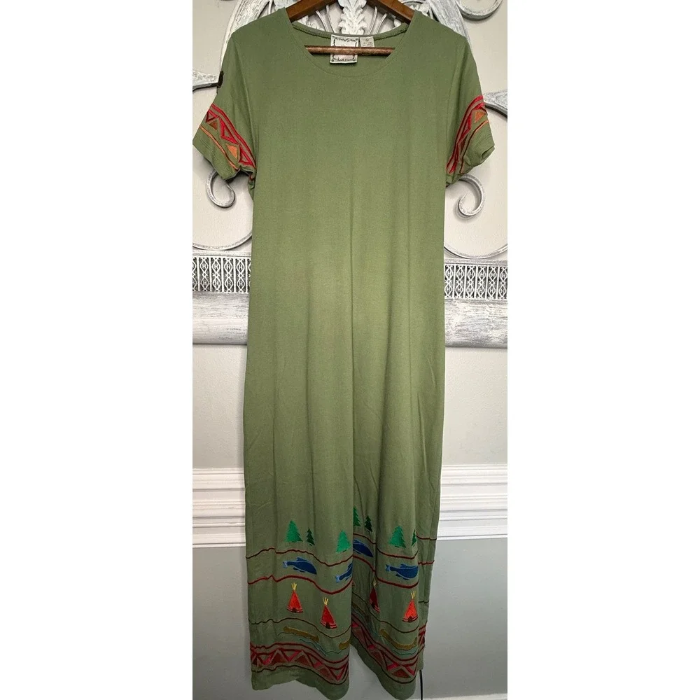 Michael Simon Lite Womens Green Embroidered Camp Cabin Maxi Dress Cardigan Set L